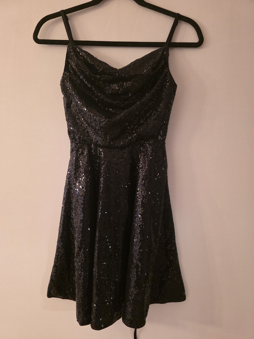 Black Sequin Cowl Neck Mini Dress with Spaghetti Straps